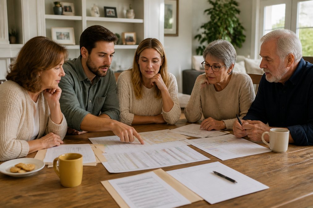 Couple with family members gathered around a dining table, discussing and organizing guest list with printed seating chart and notes spread out