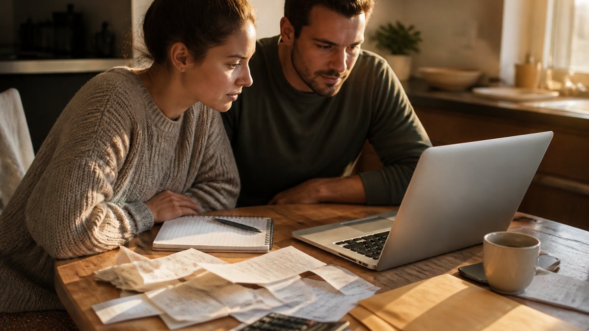 A couple in their late twenties sitting at a kitchen table with a laptop open to a budget spreadsheet, receipts and a notebook spread out, both looking at the screen together