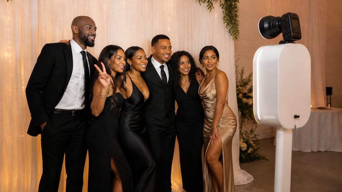 Professional wedding reception with elegant sheer fabric backdrop behind photo booth setup, guests in formal attire smiling and posing with soft ambient lighting and greenery accents