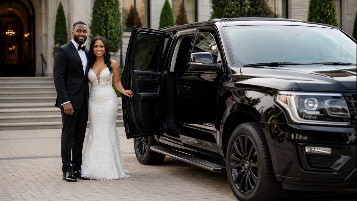 Professional couple in formal wedding attire standing beside a luxury black SUV with open door, smiling with the vehicle and elegant surroundings visible in soft natural lighting