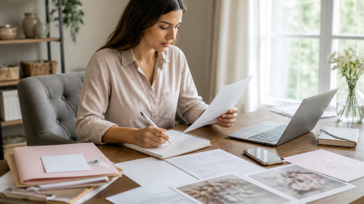 Bride working at a wooden desk with a laptop and organized wedding planning documents in natural light