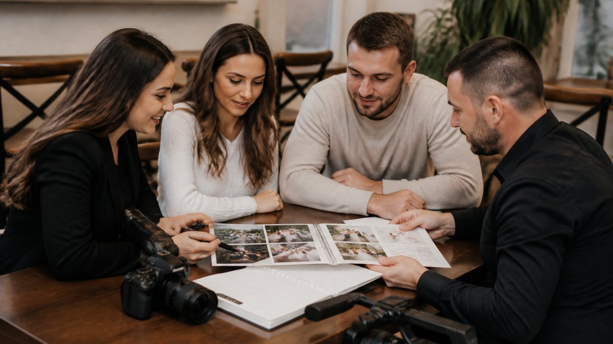 Flowchart showing the consultation process and service items included in a professional wedding videography package.