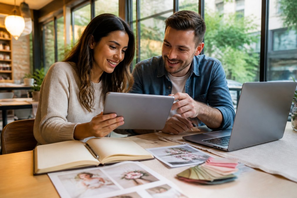 A couple smiling while reviewing a tablet and planning notes together at a bright cafe table, with a laptop showing a wedding planning dashboard nearby