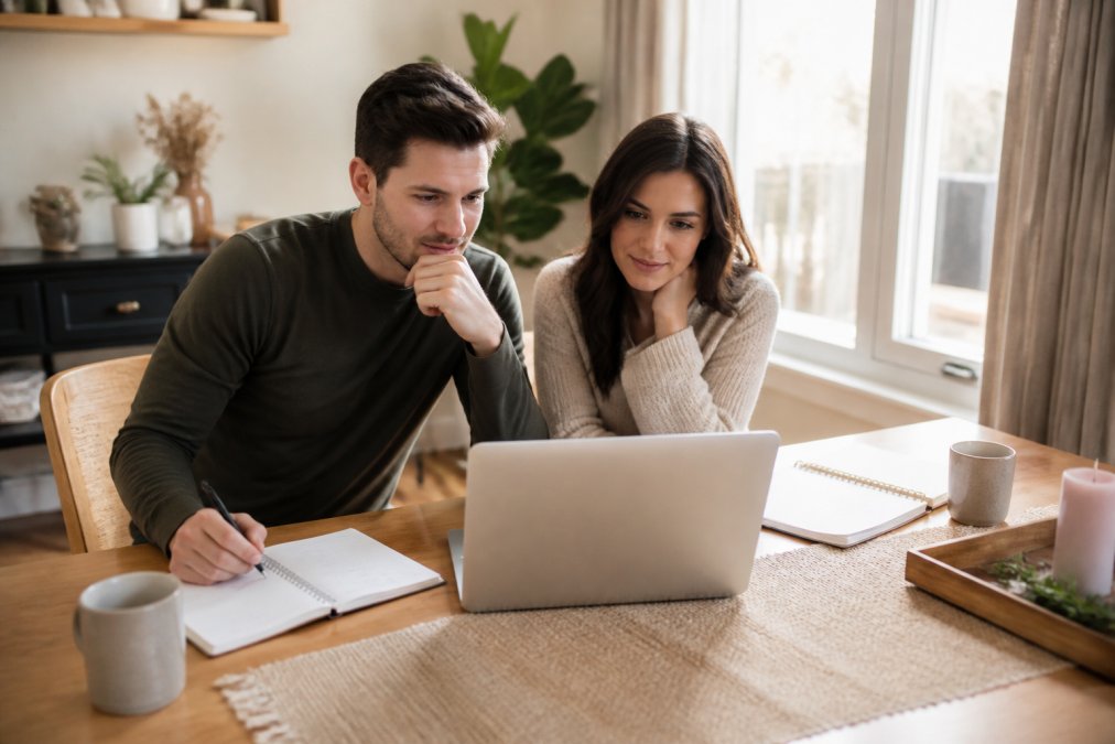 Engaged couple sitting together at a dining table with a laptop, reviewing guest list and seating arrangements with notebooks and coffee nearby, natural afternoon light streaming through windows