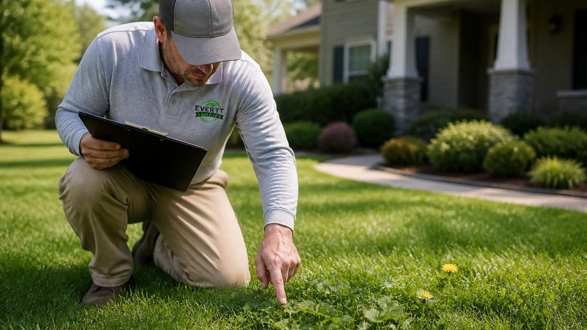 Lawn technician identifying dandelions and clover for weed control