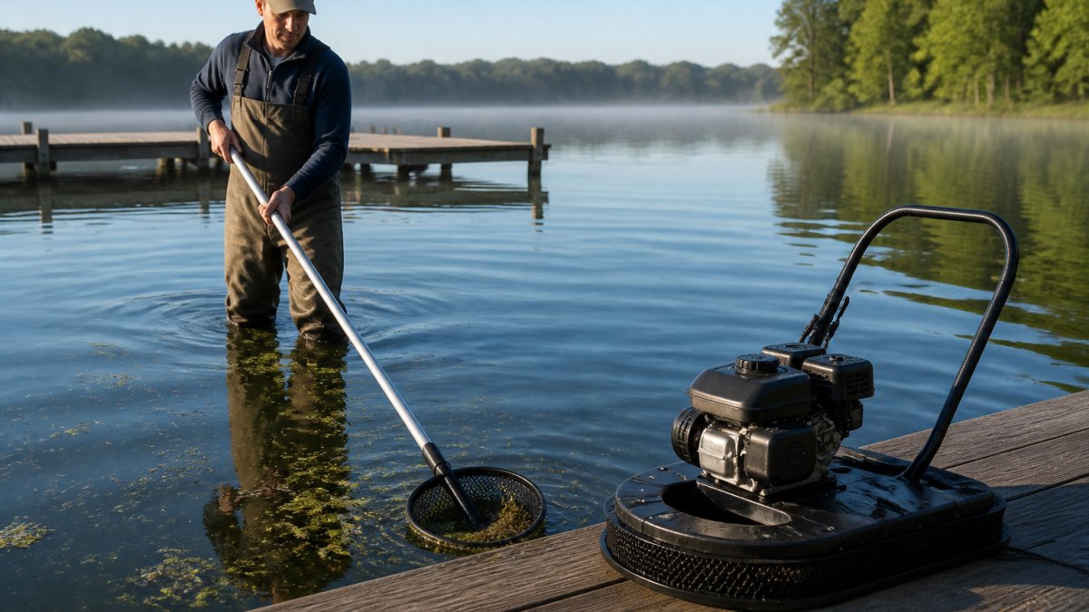 A person in waders using a long-handled pond skimmer to remove floating debris from a calm lake surface, with a small dock visible in the background on a clear morning