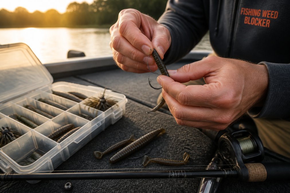 Angler threading a soft plastic bait onto a wide gap hook on a boat deck at sunrise