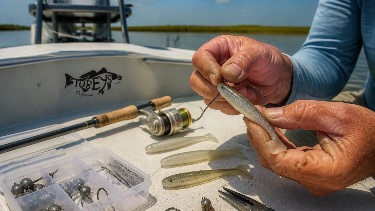Close-up of an angler's hands rigging a soft plastic bait weedless on a wide-gap hook, hook point texposed slightly into the bait, fishing rod and tackle visible on a boat deck in bright coastal sunlight
