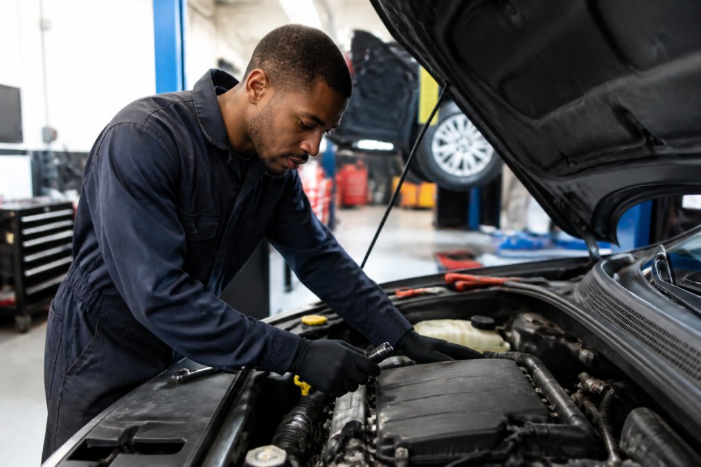 Professional ASE certified technician in uniform performing detailed vehicle diagnostic inspection in well-lit repair bay with diagnostic equipment visible, focused on work