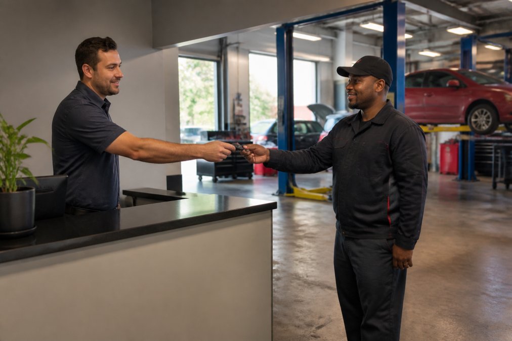 Customer dropping off vehicle at weekend auto repair shop service counter on Saturday morning, handing keys to professional technician in service bay area
