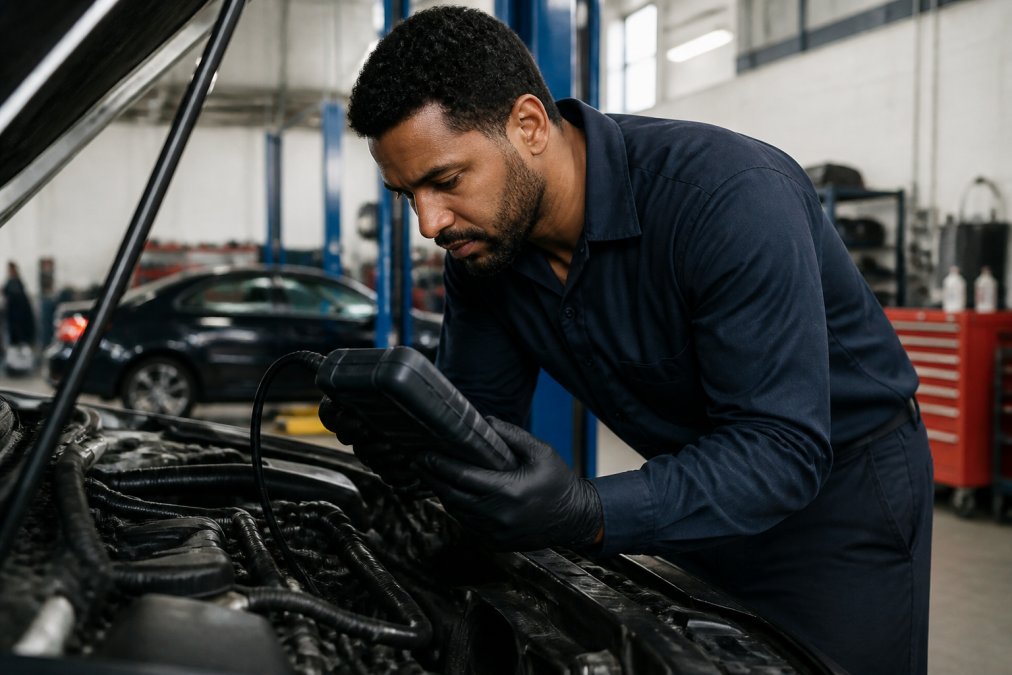 Professional automotive technician in work uniform examining engine with diagnostic scanning tool in well-lit modern repair shop, focused on detailed inspection work