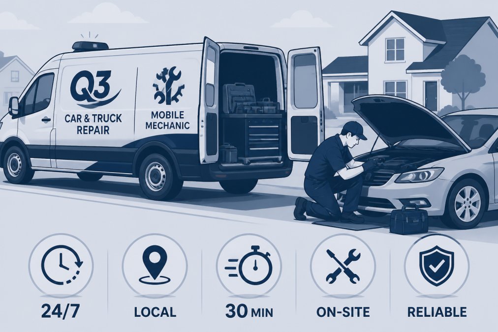 Mobile mechanic service vehicle parked on residential street with technician in work uniform performing roadside vehicle repair during daytime, showing emergency assistance in action