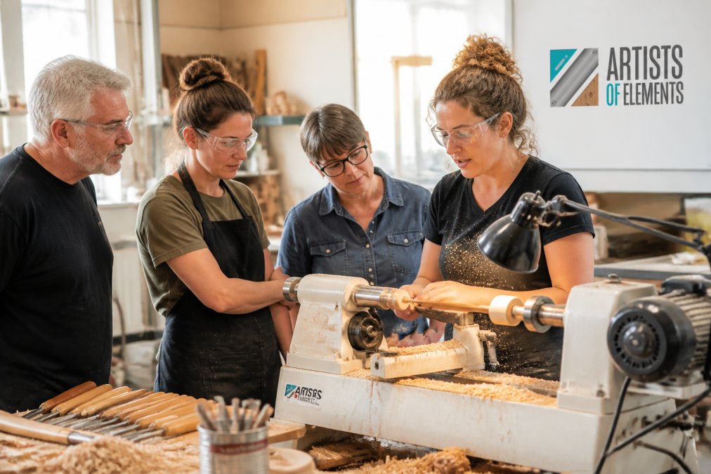 A woman in safety glasses guides a group during weekend creative workshops at a sunlit woodworking studio.