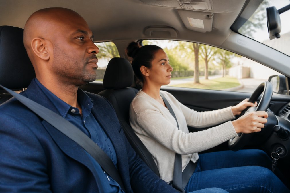 Professional adult in business casual attire sitting in passenger seat during a weekend driving lesson with a calm, certified instructor, both focused on the road ahead, natural daylight streaming through car windows