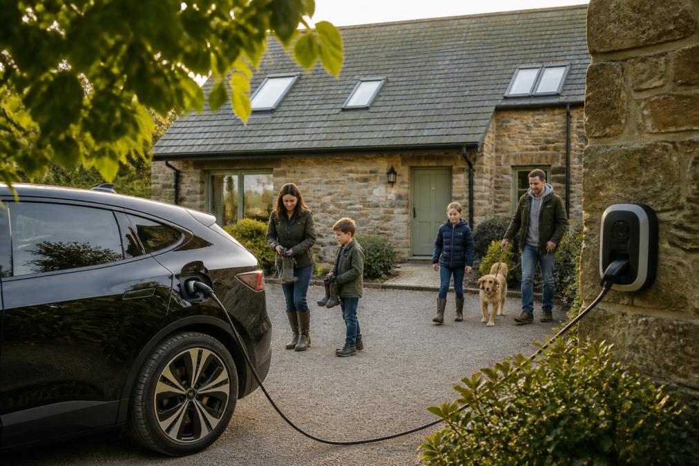 An electric car plugged into a wallbox charger beside a stone barn conversion in a leafy Devon hamlet, with a family unloading walking boots and a dog on a lead in the background