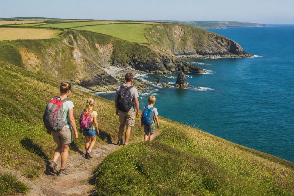 Family walking along a dramatic clifftop coastal path with rugged cliffs, turquoise sea, and rolling green hills in the background on a sunny day