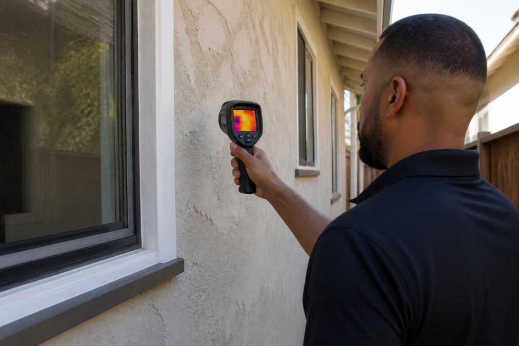 Home inspector using a thermal camera to check walls during a weekend home inspection.