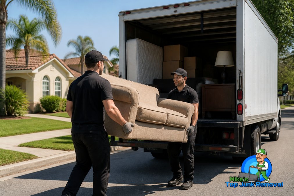 Professional junk removal crew loading furniture and household items into a truck during a weekend appointment, with team members working efficiently in natural daylight