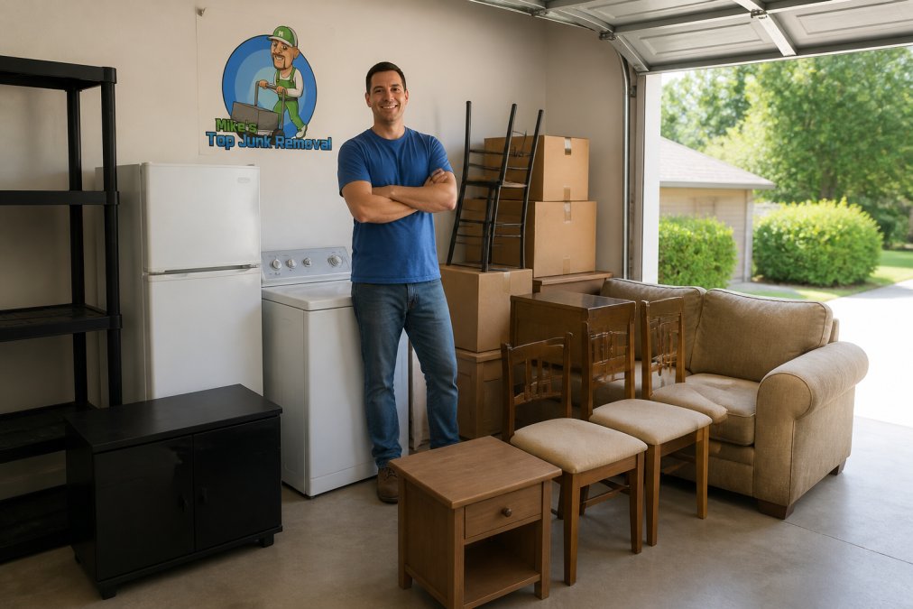 Homeowner standing in a garage with organized piles of items ready for pickup, showing appliances, furniture, and boxes grouped together by category in natural daylight