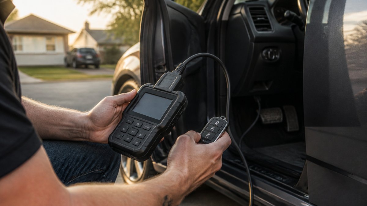 A locksmith kneeling beside a parked car at dusk, holding a diagnostic programming tool connected to the vehicle's OBD port, key fob in hand, suburban driveway setting