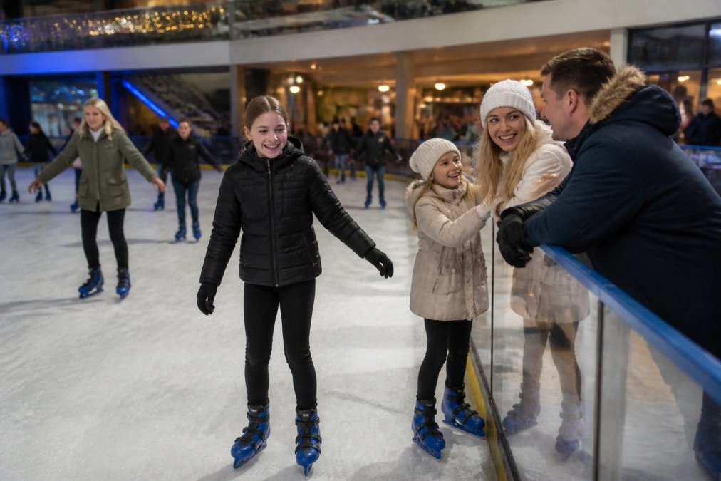 Families and friends of various ages enjoying ice skating together at an indoor ice rink, laughing and holding onto the barriers, with warm indoor lighting and the sound of skates on ice