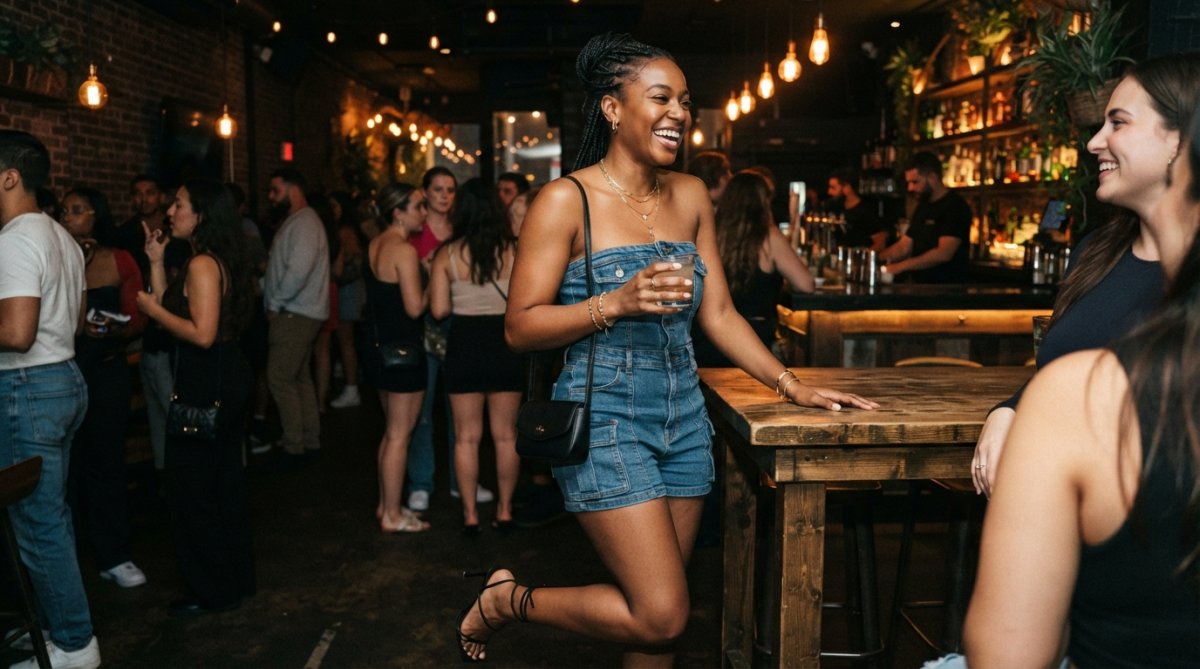 Woman wearing a strapless denim cargo romper styled with strappy heels and layered gold jewelry, posing confidently in a nightlife venue with warm ambient lighting and dark background