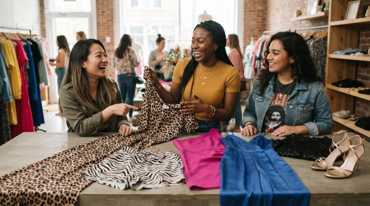 Flat lay arrangement of multiple trendy dresses and short sets in leopard print, zebra print, and bold colors, styled with gold jewelry and heels on a neutral background