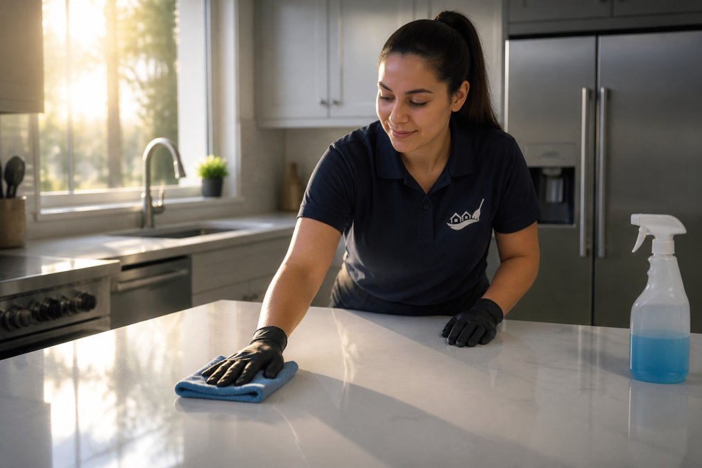 Professional cleaner in uniform wiping down a kitchen counter with a microfiber cloth, spray bottle nearby, clean stainless steel appliances visible in background, natural morning light streaming through window