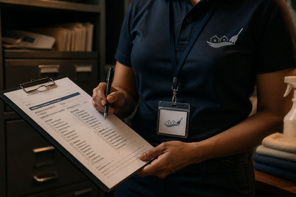 Close-up of hands holding a clipboard with a detailed service agreement and cleaning checklist, professional ID badge visible on lanyard, office setting with filing cabinets in background