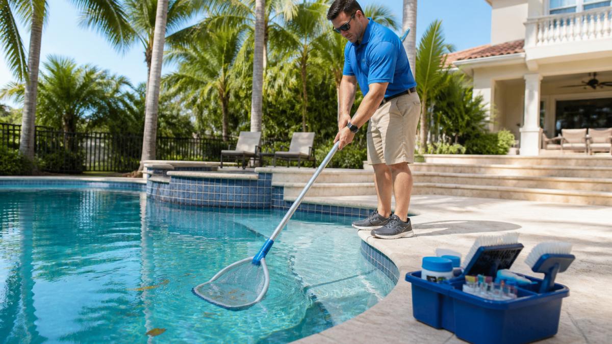 A pool service technician in a polo shirt skimming leaves from a clear vacation rental pool with a net, a caddy of test kits and brushes beside him, palm trees and a rental home in the background