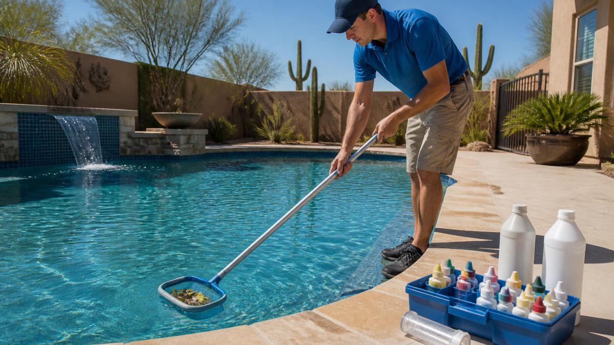 Technician skimming leaves from a pool during a visit that impacts pool service cost.