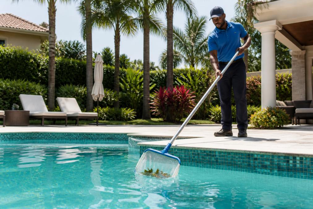 A pool technician in uniform skimming debris from a residential pool with a long-handled net, clear blue water, sunny backyard with palm trees in the background