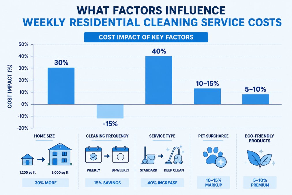 Bar chart showing cost impact of key factors on weekly residential cleaning: home size 1,200 sq ft vs 3,000 sq ft (30% cost difference), cleaning frequency weekly vs bi-weekly (15% savings), service type standard vs deep clean (40% cost increase), pet surcharge (10-15% markup), eco-friendly products (5-10% premium)