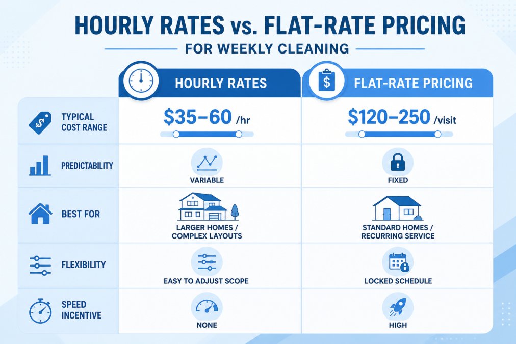 Comparison matrix showing hourly vs flat-rate pricing models with columns: typical cost range (hourly $35-60/hr vs flat-rate $120-250/visit), predictability (variable vs fixed), best for (larger homes/complex layouts vs standard homes/recurring service), flexibility (easy to adjust scope vs locked schedule), and speed incentive (none vs high)