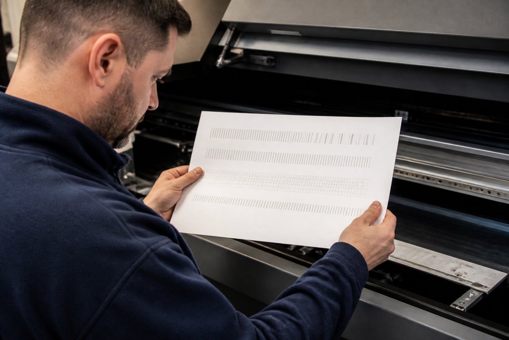 Professional technician examining a nozzle check test pattern printed from a UV printer, holding the paper under bright workshop lighting to inspect line clarity and nozzle firing consistency