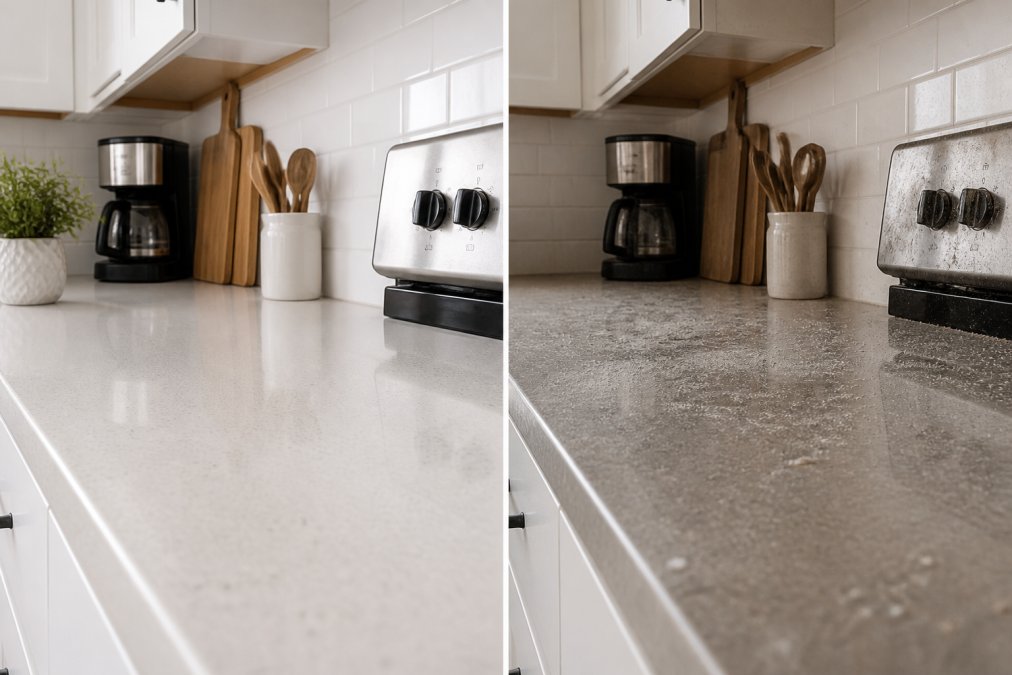 Comparison showing dust and grime buildup in a weekly vs bi-weekly cleaning cycle on kitchen counters