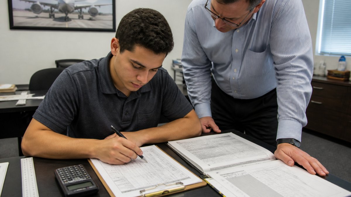 A flight dispatcher trainee working through weight and balance calculations on a clipboard with a calculator and aircraft loading chart at a desk, instructor leaning over to review the work