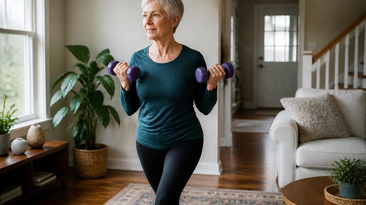 Woman in her 60s performing a resistance exercise with light dumbbells in a bright, comfortable home setting, demonstrating proper form with engaged core and stable posture