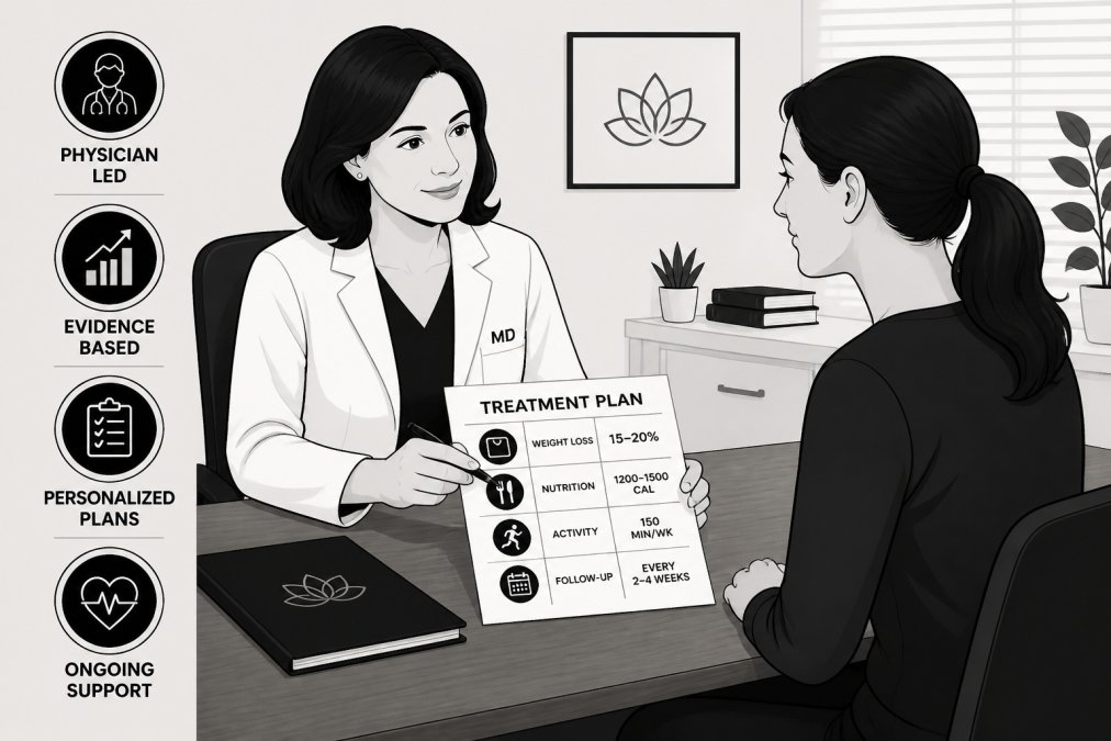 Board-certified physician consulting with patient in modern clinic office, reviewing personalized treatment plan documents on desk with both seated at wooden table