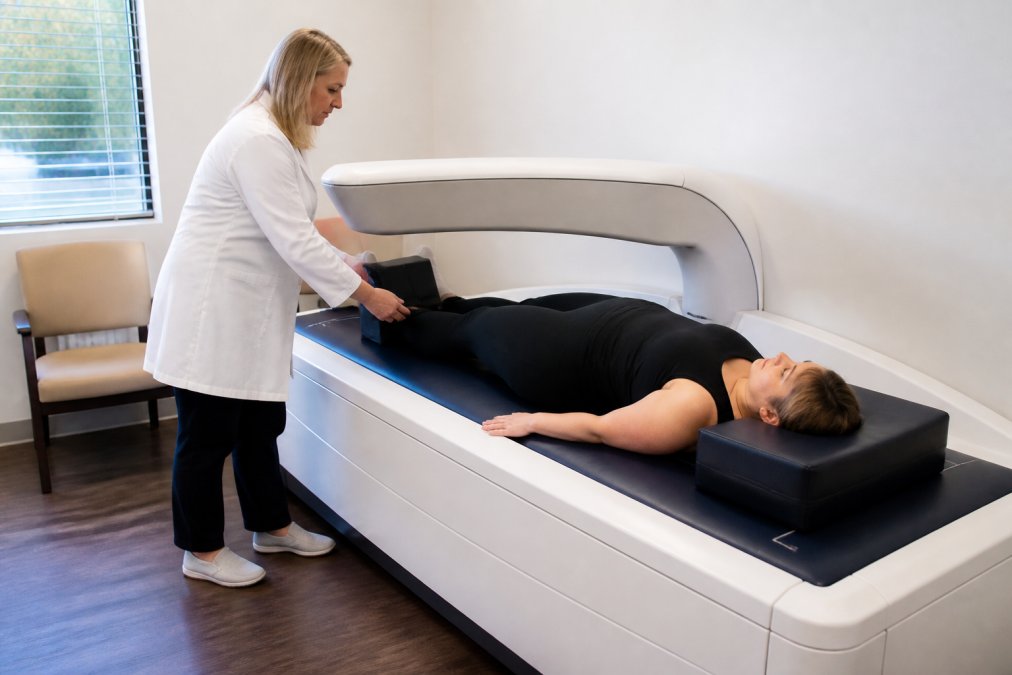 Healthcare professional performing body composition scan with patient in clinical setting using DEXA or bioimpedance device, modern medical office with equipment visible