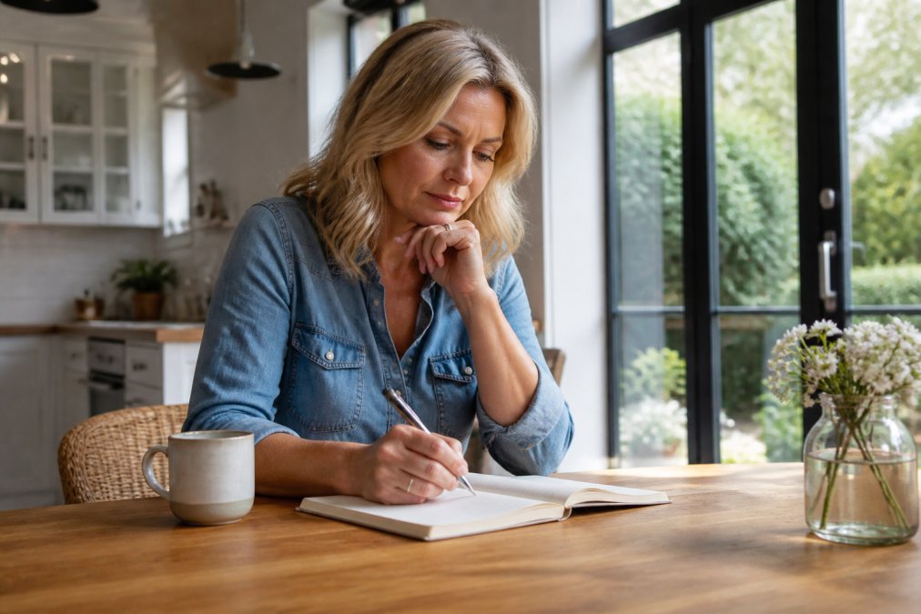 A woman in her late 40s sitting at a kitchen table with a notebook and pen, looking focused and calm, with a cup of tea nearby and natural light coming through the window