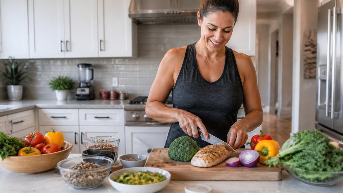 Woman in bright modern kitchen preparing a balanced meal with fresh vegetables, lean protein, and whole grains on a wooden cutting board, representing nutrition foundation for weight management on HRT