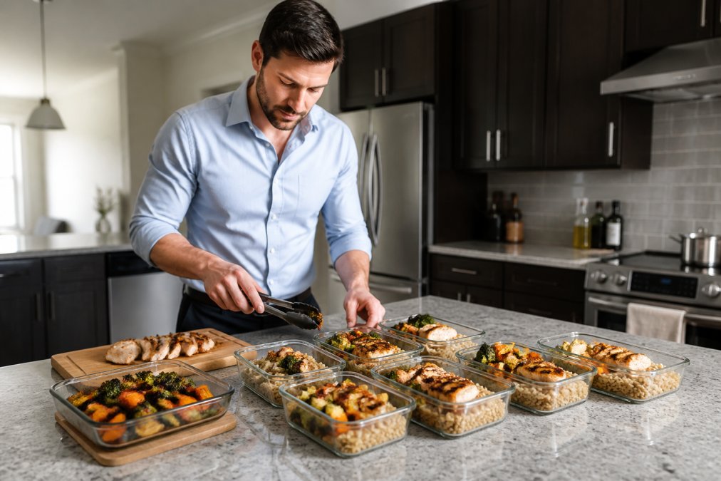 Professional in business casual attire preparing meal containers in a modern kitchen, with pre-portioned grilled chicken, brown rice, and roasted vegetables organized on the counter in glass containers