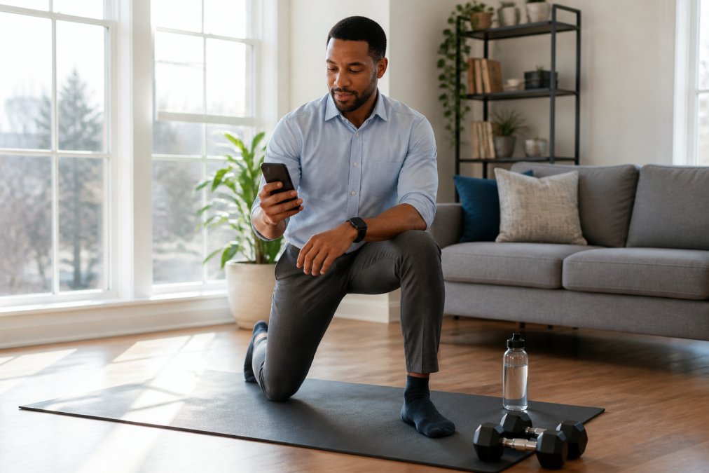 Busy professional in business casual attire doing a quick home workout in a living room, using a smartphone to track the session with a smartwatch visible on wrist, natural morning light coming through windows