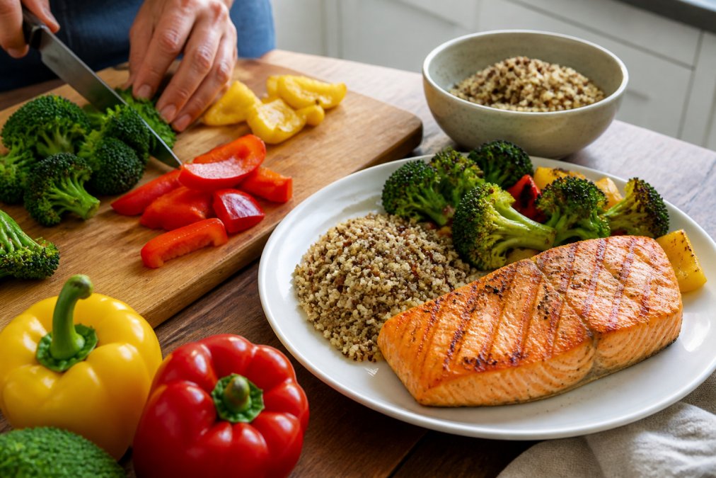 Colorful plate with grilled salmon fillet, roasted broccoli and bell peppers, and quinoa being prepared on a wooden cutting board in bright natural kitchen lighting