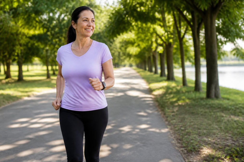 Middle-aged woman doing brisk walking outdoors on a tree-lined path on a sunny morning, wearing comfortable athletic clothing