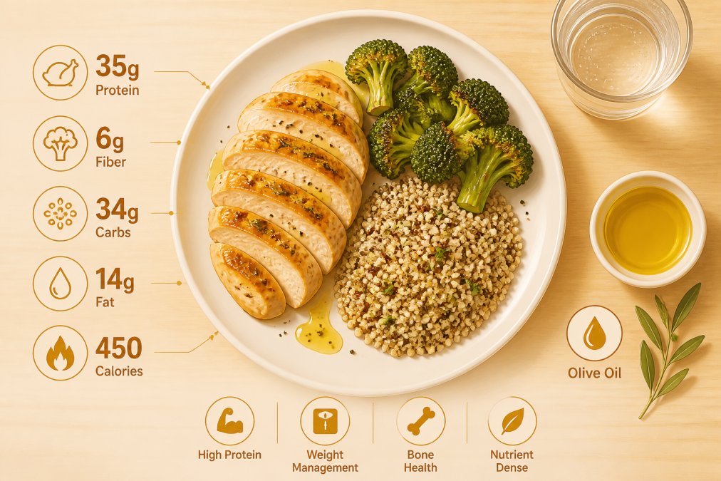 Overhead view of balanced meal plate with grilled chicken breast, roasted broccoli, quinoa, and olive oil drizzle on white ceramic plate, set on wooden table with water glass