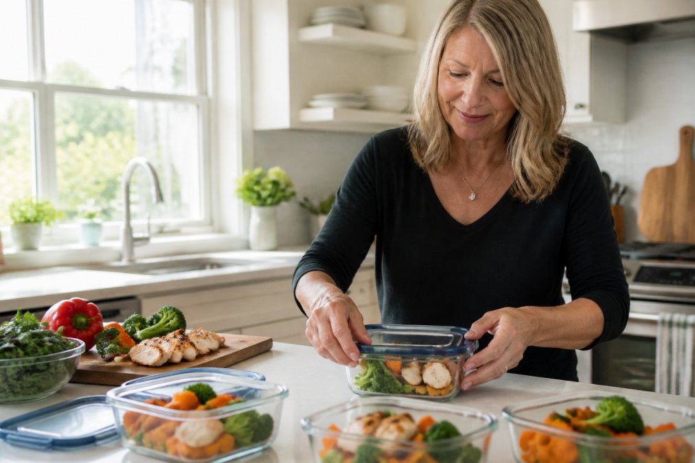A woman in her late 40s packing colourful prepared meals into glass containers in a bright kitchen, fresh vegetables and grilled chicken on the counter behind her, natural morning light streaming through the window