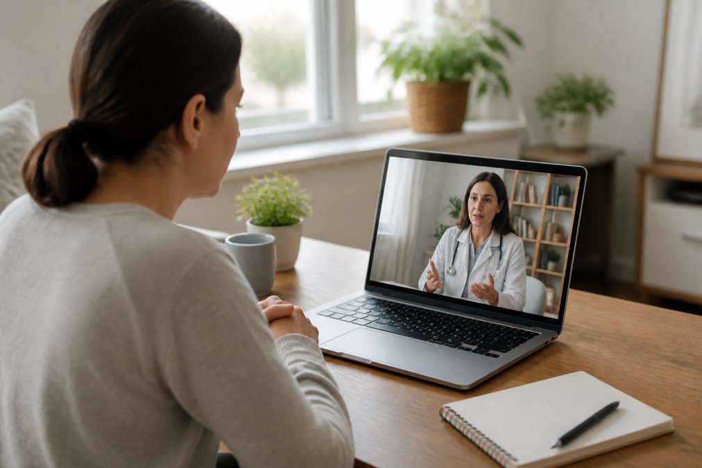 Patient consulting with healthcare provider via telehealth on laptop in home office setting, discussing medication management and treatment adjustments with natural window lighting