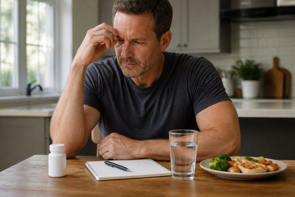 A man in his 40s sitting at a kitchen table with a notebook, a glass of water, and a plate of healthy food, looking thoughtfully at a prescription bottle beside him